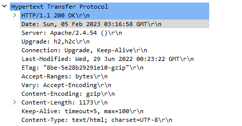 Hypertext Transfer Protocol
> HTTP/1.1 200 OK\r\n
Date: Sun, 05 Feb 2023 03:16:58 GMT\r\n
Server: Apache/2.4.54 ()\r\n
Upgrade: h2, h2c\r\n
Connection: Upgrade, Keep-Alive\r\n
Last-Modified: Wed, 29 Jun 2022 00:23:22 GMT\r\n
ETag: "8be-5e28b29291e10-gzip"\r\n
Accept-Ranges: bytes\r\n
Vary: Accept-Encoding\r\n
Content-Encoding: gzip\r\n
> Content-Length: 1173\r\n
Keep-Alive: timeout=5, max=100\r\n
Content-Type: text/html; charset=UTF-8\r\n