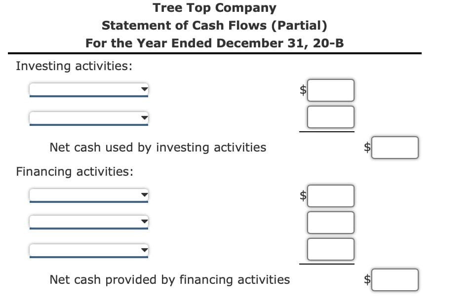 Tree Top Company
Statement of Cash Flows (Partial)
For the Year Ended December 31, 20-B
Investing activities:
Net cash used by investing activities
Financing activities:
Net cash provided by financing activities
LA
00 000
$
$