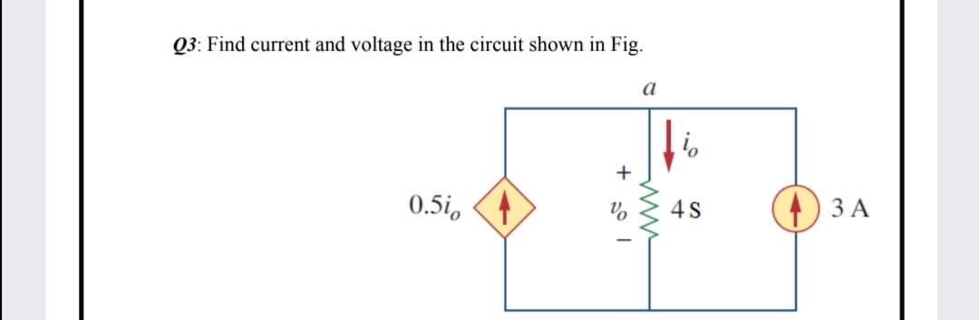 Q3: Find current and voltage in the circuit shown in Fig.
a
+
0.5i, (4
4S
) 3 A
