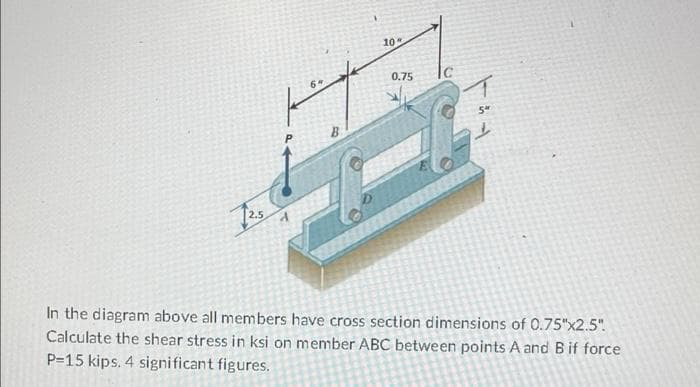 10"
0.75
54
In the diagram above all members have cross section dimensions of 0.75"x2.5"
Calculate the shear stress in ksi on member ABC between points A and B if force
P=15 kips. 4 significant figures.