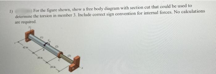 1)
determine the torsion in member 3. Include correct sign convention for internal forces. No calculations
are required.
For the figure shown, show a free body diagram with section cut that could be used to
24 in
