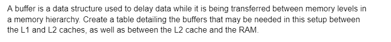 A buffer is a data structure used to delay data while it is being transferred between memory levels in
a memory hierarchy. Create a table detailing the buffers that may be needed in this setup between
the L1 and L2 caches, as well as between the L2 cache and the RAM.