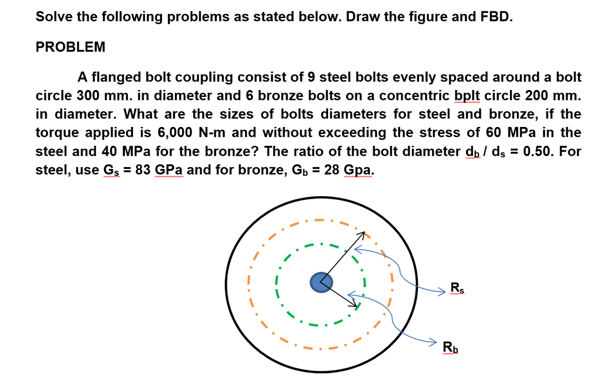 Solve the following problems as stated below. Draw the figure and FBD.
PROBLEM
A flanged bolt coupling consist of 9 steel bolts evenly spaced around a bolt
circle 300 mm. in diameter and 6 bronze bolts on a concentric bplt circle 200 mm.
in diameter. What are the sizes of bolts diameters for steel and bronze, if the
torque applied is 6,000 N-m and without exceeding the stress of 60 MPa in the
steel and 40 MPa for the bronze? The ratio of the bolt diameter d, / ds = 0.50. For
steel, use Gs = 83 GPa and for bronze, G, = 28 Gpa.
%3D
Rs
Rp
