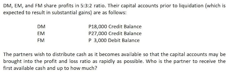 DM, EM, and FM share profits in 5:3:2 ratio. Their capital accounts prior to liquidation (which is
expected to result in substantial gains) are as follows:
DM
P18,000 Credit Balance
P27,000 Credit Balance
P 3,000 Debit Balance
EM
FM
The partners wish to distribute cash as it becomes available so that the capital accounts may be
brought into the profit and loss ratio as rapidly as possible. Who is the partner to receive the
first available cash and up to how much?
