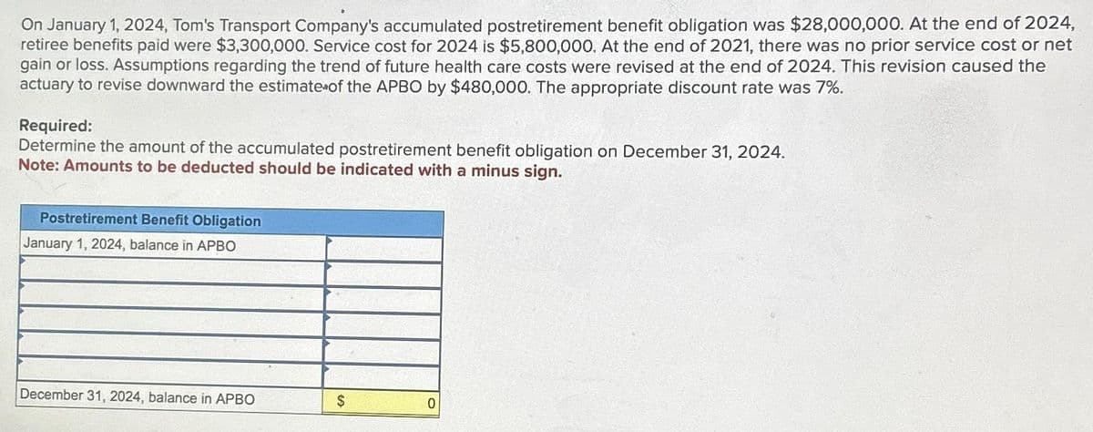 On January 1, 2024, Tom's Transport Company's accumulated postretirement benefit obligation was $28,000,000. At the end of 2024,
retiree benefits paid were $3,300,000. Service cost for 2024 is $5,800,000. At the end of 2021, there was no prior service cost or net
gain or loss. Assumptions regarding the trend of future health care costs were revised at the end of 2024. This revision caused the
actuary to revise downward the estimate of the APBO by $480,000. The appropriate discount rate was 7%.
Required:
Determine the amount of the accumulated postretirement benefit obligation on December 31, 2024.
Note: Amounts to be deducted should be indicated with a minus sign.
Postretirement Benefit Obligation
January 1, 2024, balance in APBO
December 31, 2024, balance in APBO
$
0