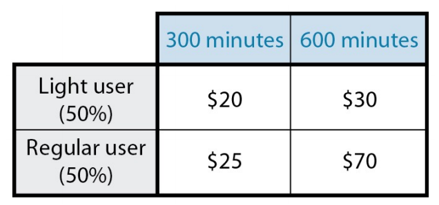 300 minutes 600 minutes
Light
(50%)
user
$20
$30
Regular user
(50%)
$25
$70
