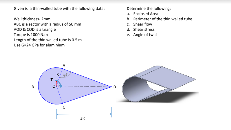 Given is a thin-walled tube with the following data:
Determine the following:
a. Enclosed Area
Wall thickness- 2mm
b. Perimeter of the thin walled tube
ABC is a sector with a radius of 50 mm
c. Shear flow
AOD & COD is a triangle
Torque is 1000 N.m
Length of the thin walled tube is 0.5 m
Use G=24 GPa for aluminium
d. Shear stress
e. Angle of twist
A
RA
90°
в
3R
