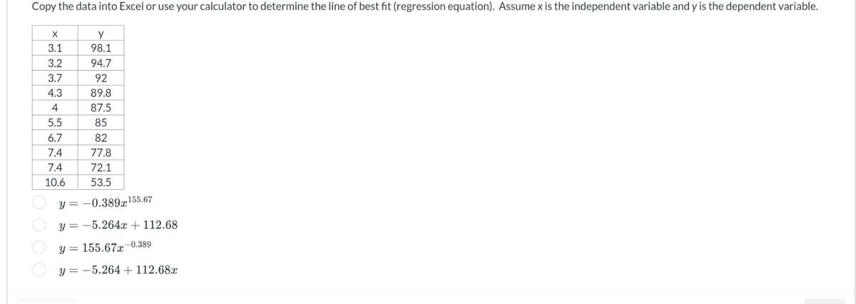 Copy the data into Excel or use your calculator to determine the line of best fit (regression equation). Assume x is the independent variable and y is the dependent variable.
X
y
3.1
98.1
3.2
94.7
3.7
92
4.3
89.8
4
87.5
5.5
85
6.7
82
7.4
77.8
7.4
72.1
10.6
53.5
y=-0.389155.67
y = -5.264x+112.68
y 155.67-0.389
=
y -5.264+ 112.68x