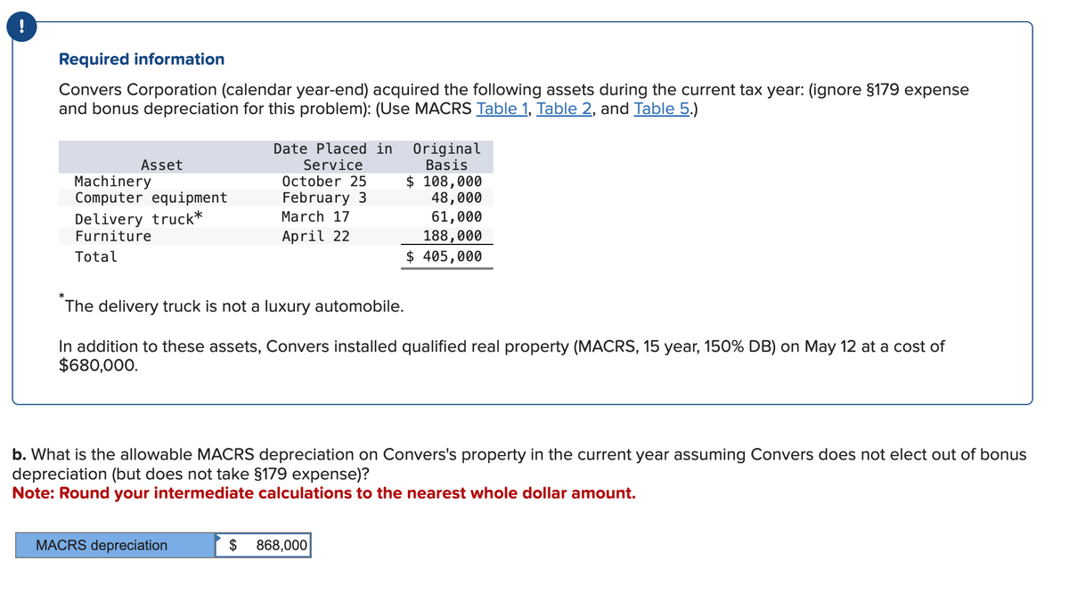 Required information
Convers Corporation (calendar year-end) acquired the following assets during the current tax year: (ignore §179 expense
and bonus depreciation for this problem): (Use MACRS Table 1, Table 2, and Table 5.)
Asset
Machinery
Computer equipment
Delivery truck*
Furniture
Date Placed in
Service
October 25
February 3
March 17
April 22
Original
Basis
$ 108,000
48,000
61,000
188,000
Total
$ 405,000
*The delivery truck is not a luxury automobile.
In addition to these assets, Convers installed qualified real property (MACRS, 15 year, 150% DB) on May 12 at a cost of
$680,000.
b. What is the allowable MACRS depreciation on Convers's property in the current year assuming Convers does not elect out of bonus
depreciation (but does not take §179 expense)?
Note: Round your intermediate calculations to the nearest whole dollar amount.
MACRS depreciation
$ 868,000