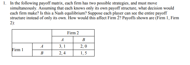 1. In the following payoff matrix, each firm has two possible strategies, and must move
simultaneously. Assuming that each knows only its own payoff structure, what decision would
each firm make? Is this a Nash equilibrium? Suppose each player can see the entire payoff
structure instead of only its own. How would this affect Firm 2? Payoffs shown are (Firm 1, Firm
2):
Firm 2
A
В
A
3, 1
2,0
Firm 1
В
2, 4
1, 5
