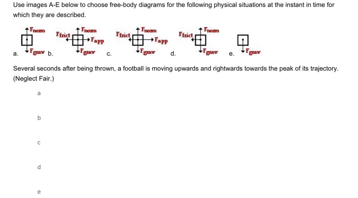 Use images A-E below to choose free-body diagrams for the following physical situations at the instant in time for
which they are described.
Fnonn
Fnom
Fnom
Fnomm
Ffrict
Ffrict
Ffrict
+Fapp
Fapp
tFgav
Fgrav
Forav
grav
е.
d.
Fgav b.
С.
a.
Several seconds after being thrown, a football is moving upwards and rightwards towards the peak of its trajectory.
(Neglect Fair.)
a
b
d
