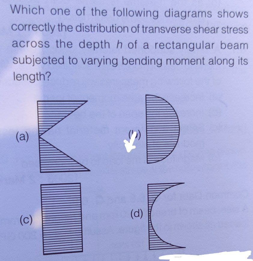 Which one of the following diagrams shows
correctly the distribution of transverse shear stress
across the depth h of a rectangular beam
subjected to varying bending moment along its
length?
(a)
(d)
(c)
