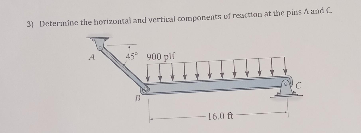 3) Determine the horizontal and vertical components of reaction at the pins A and C.
A
45° 900 plf
B
16.0 ft
с