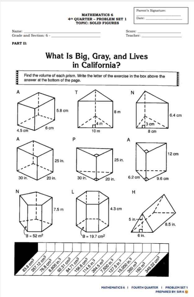 Name:
Grade and Section: 6-
PART II:
A
MATHEMATICS 6
4th QUARTER-PROBLEM SET 1
TOPIC: SOLID FIGURES
Parent's Signature:
Date:
Score:
Teacher:
What Is Big, Gray, and Lives
in California?
Find the volume of each prism. Write the letter of the exercise in the box above the
answer at the bottom of the page.
4.5 cm
A
6 cm
5.8 cm
25 in.
P
T
10 m
N
8m
6.4 cm
30
25 in.
A
8 cm
30 in.
20 in.
30 in.
6.2 cm
20 in.
9.6 cm
12 cm
N
7.5 mi
4.3 cm
H
DOA
B = 52 m²
B = 19.7 cm²
5 in.
6 in.
8.5 in.
83.8 cm³
357.12 cm3
76.8 cm³
8,800 in 3
92.31 cm3
84.71 cm³
156.6 cm³
114.5 in.3
364.5 m3
7,500 in.3
127.5 in.3
15,000 in.3
390
m³
160 m³
349.22 cm³
MATHEMATICS 6 | FOURTH QUARTER I PROBLEM SET 1
PREPARED BY: SIR K