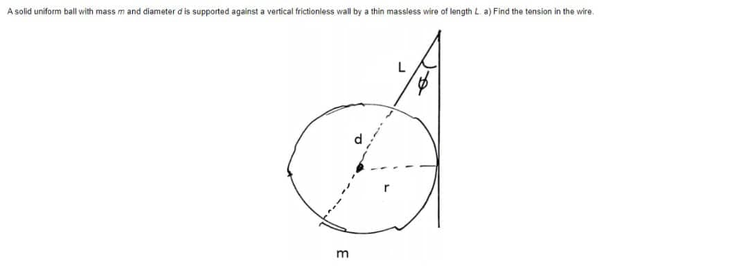 A solid uniform ball with mass m and diameter d' is supported against a vertical frictionless wall by a thin massless wire of length L. a) Find the tension in the wire.
m