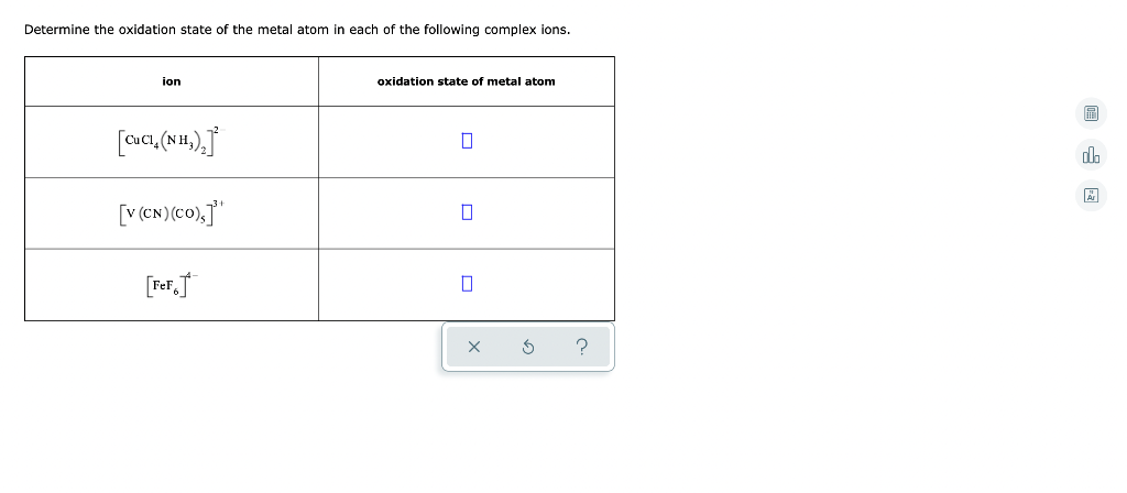 Determine the oxidation state of the metal atom in each of the following complex ions.
ion
oxidation state of metal atom
?
