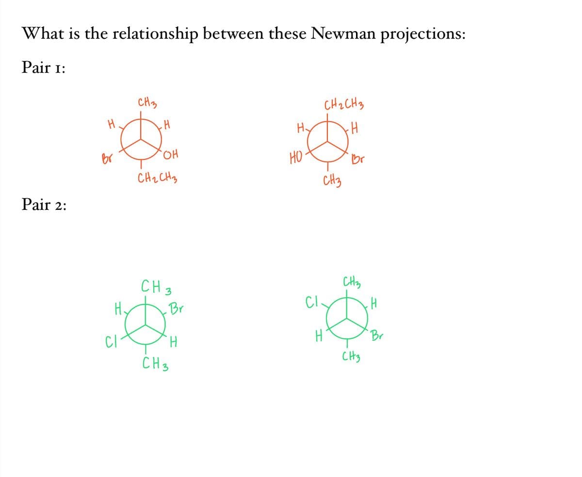 What is the relationship between these Newman projections:
Pair I:
Pair 2:
H
Br
H.
CI
CH3
H
OH
CH₂CH3
CH₂
Br
H
CH 3
H.
HO
CI
CH₂CH3
H
CH3
H
Br
CH₂
CH3
H
Br