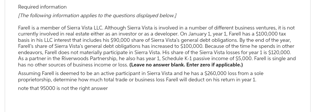 Required information
[The following information applies to the questions displayed below.]
Farell is a member of Sierra Vista LLC. Although Sierra Vista is involved in a number of different business ventures, it is not
currently involved in real estate either as an investor or as a developer. On January 1, year 1, Farell has a $100,000 tax
basis in his LLC interest that includes his $90,000 share of Sierra Vista's general debt obligations. By the end of the year,
Farell's share of Sierra Vista's general debt obligations has increased to $100,000. Because of the time he spends in other
endeavors, Farell does not materially participate in Sierra Vista. His share of the Sierra Vista losses for year 1 is $120,000.
As a partner in the Riverwoods Partnership, he also has year 1, Schedule K-1 passive income of $5,000. Farell is single and
has no other sources of business income or loss. (Leave no answer blank. Enter zero if applicable.)
Assuming Farell is deemed to be an active participant in Sierra Vista and he has a $260,000 loss from a sole
proprietorship, determine how much total trade or business loss Farell will deduct on his return in year 1.
note that 95000 is not the right answer