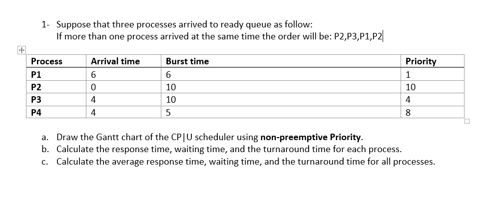 1- Suppose that three processes arrived to ready queue as follow:
If more than one process arrived at the same time the order will be: P2,P3,P1,P2
Process
Arrival time
Burst time
Priority
P1
6.
6
1
P2
10
10
P3
4
10
4
P4
4
8
a. Draw the Gantt chart of the CP|U scheduler using non-preemptive Priority.
b. Calculate the response time, waiting time, and the turnaround time for each process.
c. Calculate the average response time, waiting time, and the turnaround time for all processes.
