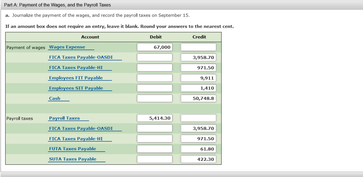 Part A: Payment of the Wages, and the Payroll Taxes
a. Journalize the payment of the wages, and record the payroll taxes on September 15.
If an amount box does not require an entry, leave it blank. Round your answers to the nearest cent.
Account
Debit
Credit
Payment of wages Wages Expense
67,000
FICA Taxes Payable-OASDI
3,958.70
FICA Taxes Payable-HI
971.50
Employees FIT Payable
9,911
Employees SIT Payable
1,410
Cash
50,748.8
Payroll taxes
Payroll Taxes
5,414.30
FICA Taxes Payable-OASDI
3,9
8.70
FICA Taxes Payable-HI
971.50
FUTA Taxes Payable
61,80
SUTA Taxes Payable
422.30
