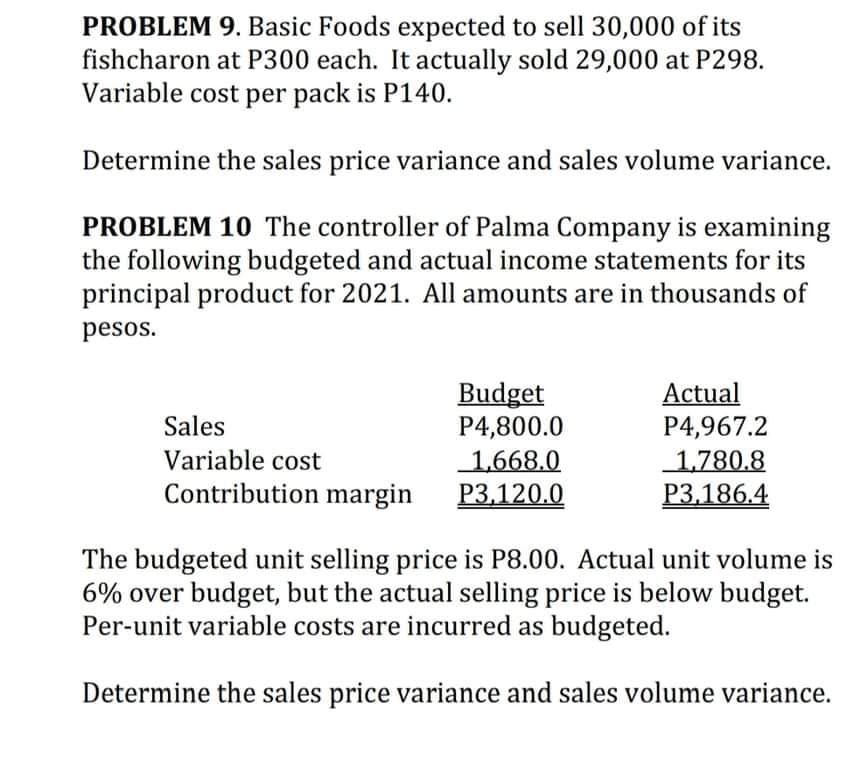 PROBLEM 9. Basic Foods expected to sell 30,000 of its
fishcharon at P300 each. It actually sold 29,000 at P298.
Variable cost per pack is P140.
Determine the sales price variance and sales volume variance.
PROBLEM 10 The controller of Palma Company is examining
the following budgeted and actual income statements for its
principal product for 2021. All amounts are in thousands of
pesos.
Budget
P4,800.0
1,668.0
P3.120.0
Actual
P4,967.2
1.780.8
P3.186.4
Sales
Variable cost
Contribution margin
The budgeted unit selling price is P8.00. Actual unit volume is
6% over budget, but the actual selling price is below budget.
Per-unit variable costs are incurred as budgeted.
Determine the sales price variance and sales volume variance.
