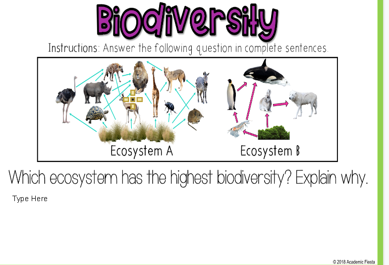 BIodiversily
Instructions: Answer the following question in complete sentences.
Ecosystem A
Ecosystem B
Which ecosystem has the highest biodiversity? Explain why.
Туре Here
O 2018 Academic Fiesta
