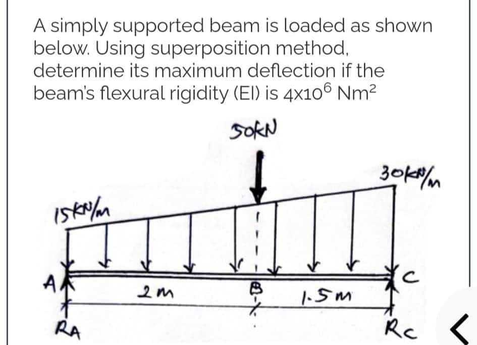A simply supported beam is loaded as shown
below. Using superposition method,
determine its maximum deflection if the
beam's flexural rigidity (EI) is 4x106 Nm²
SOKN
Iska/m
AK
RA
2m
1-
1.5m
30km/m
Rc