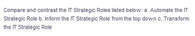 Compare and contrast the IT Strategic Roles listed below: a. Automate the IT
Strategic Role b. Inform the IT Strategic Role from the top down c. Transform
the IT Strategic Role
