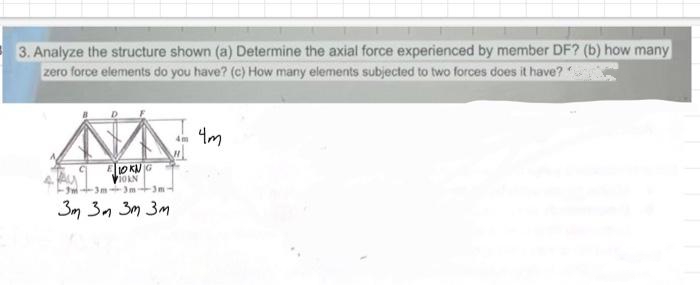 3. Analyze the structure shown (a) Determine the axial force experienced by member DF? (b) how many
zero force elements do you have? (c) How many elements subjected to two forces does it have?"
10KNG
VOLN
3m-3m-3m-
3m 3m 3m 3m
4m
