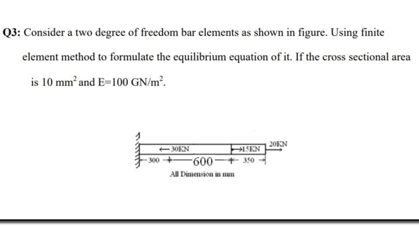 Q3: Consider a two degree of freedom bar elements as shown in figure. Using finite
element method to formulate the equilibrium equation of it. If the cross sectional area
is 10 mm² and E=100 GN/m².
| 20KN
– 30KN
ISKN
- 300
-600–+ 350
All Dimension in mm
