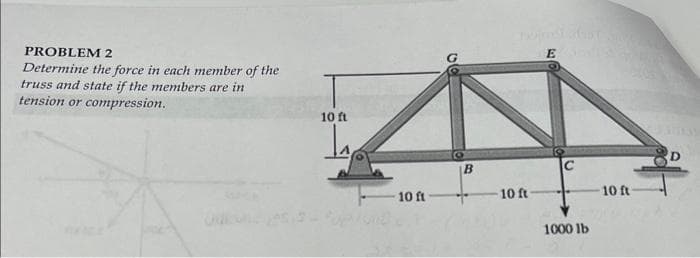 PROBLEM 2
Determine the force in each member of the
truss and state if the members are in
tension or compression.
10 ft
10 ft
B
10 ft
E
1000 lb
10 ft