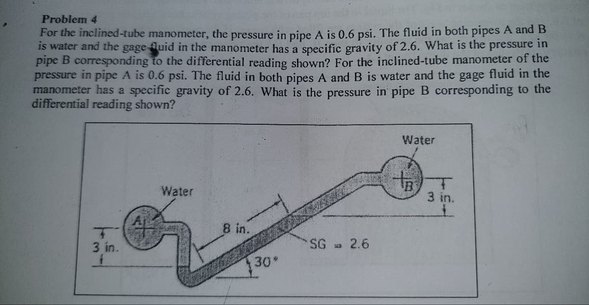 Problem 4
For the inclined-tube manometer, the pressure in pipe A is 0.6 psi. The fluid in both pipes A and B
is water and the gage luid in the manometer has a specific gravity of 2.6. What is the pressure in
pipe B corresponding to the differential reading shown? For the inclined-tube manometer of the
pressure in pipe A is 0.6 psi. The fluid in both pipes A and B is water and the gage fluid in the
manometer has a specific gravity of 2.6. What is the pressure in pipe B corresponding to the
differential reading shown?
Water
Water
3 in.
8 in.
3 in.
SG = 2.6
30

