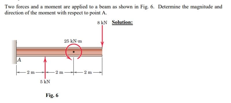 Two forces and a moment are applied to a beam as shown in Fig. 6. Determine the magnitude and
direction of the moment with respect to point A.
8 KN Solution:
|A
2 m
5 kN
-2 m
Fig. 6
25 kN-m
2 m