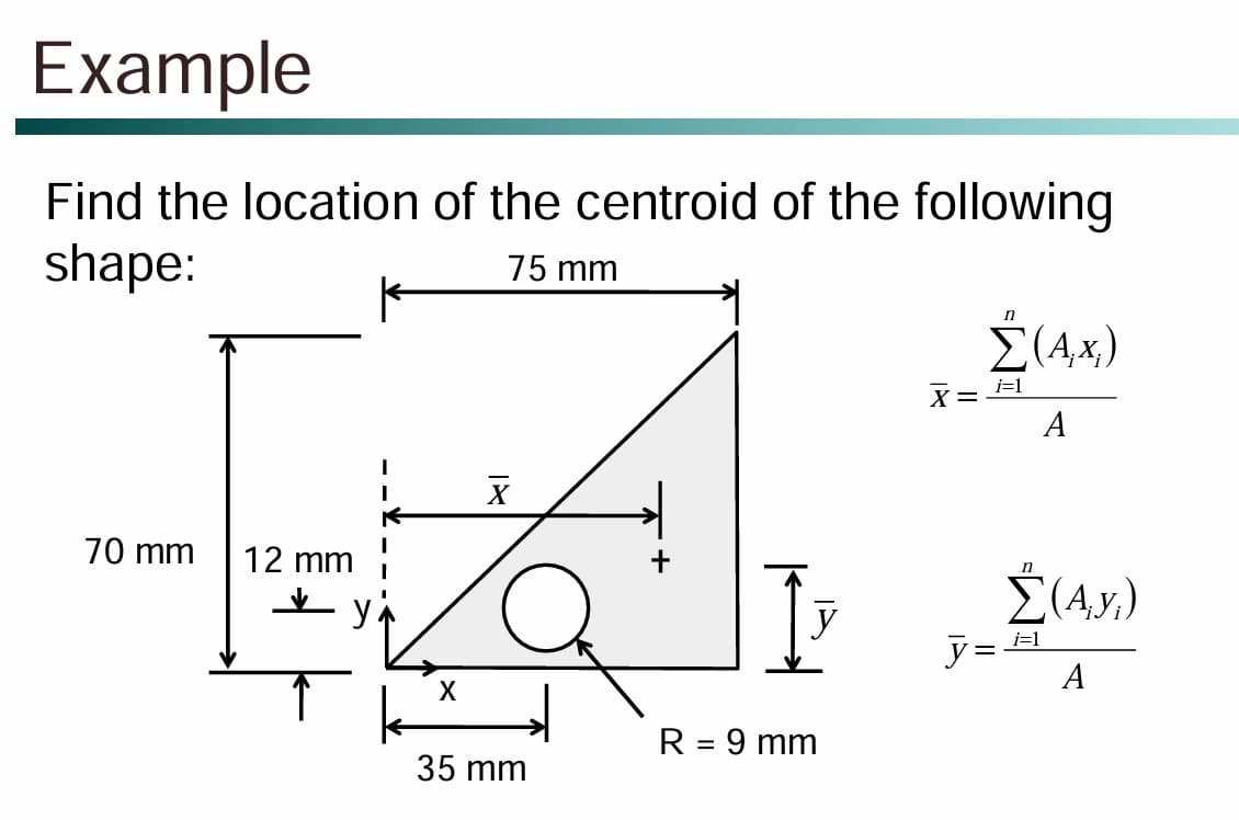 Example
Find the location of the centroid of the following
shape:
75 mm
70 mm 12 mm
K
X
X
35 mm
y
R = 9 mm
X=
n
i=1
,(A, x;)
y=-
n
A
Σ(Ay.)
i=1
A