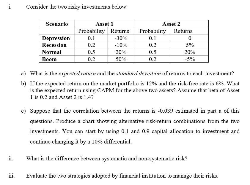 i.
Consider the two risky investments below:
Scenario
Asset 1
Asset 2
Probability Returns
Probability
Returns
Depression
Recession
0.1
-30%
0.1
0.2
-10%
0.2
5%
Normal
0.5
20%
0.5
20%
Boom
0.2
50%
0.2
-5%
a) What is the expected return and the standard deviation of returns to each investment?
b) If the expected return on the market portfolio is 12% and the risk-free rate is 6%. What
is the expected return using CAPM for the above two assets? Assume that beta of Asset
1 is 0.2 and Asset 2 is 1.4?
c) Suppose that the correlation between the returns is -0.039 estimated in part a of this
questions. Produce a chart showing alternative risk-return combinations from the two
investments. You can start by using 0.1 and 0.9 capital allocation to investment and
continue changing it by a 10% differential.
ii.
What is the difference between systematic and non-systematic risk?
iii.
Evaluate the two strategies adopted by financial institution to manage their risks.

