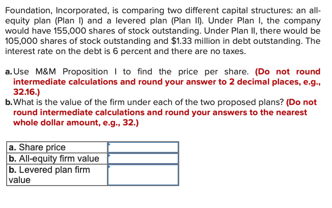 Foundation, Incorporated, is comparing two different capital structures: an all-
equity plan (Plan I) and a levered plan (Plan II). Under Plan I, the company
would have 155,000 shares of stock outstanding. Under Plan II, there would be
105,000 shares of stock outstanding and $1.33 million in debt outstanding. The
interest rate on the debt is 6 percent and there are no taxes.
a. Use M&M Proposition to find the price per share. (Do not round
intermediate calculations and round your answer to 2 decimal places, e.g.,
32.16.)
b. What is the value of the firm under each of the two proposed plans? (Do not
round intermediate calculations and round your answers to the nearest
whole dollar amount, e.g., 32.)
a. Share price
b. All-equity firm value
b. Levered plan firm
value