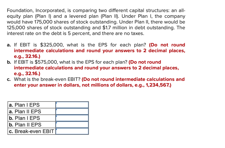 Foundation, Incorporated, is comparing two different capital structures: an all-
equity plan (Plan I) and a levered plan (Plan II). Under Plan I, the company
would have 175,000 shares of stock outstanding. Under Plan II, there would be
125,000 shares of stock outstanding and $1.7 million in debt outstanding. The
interest rate on the debt is 5 percent, and there are no taxes.
a. If EBIT is $325,000, what is the EPS for each plan? (Do not round
intermediate calculations and round your answers to 2 decimal places,
e.g., 32.16.)
b. If EBIT is $575,000, what is the EPS for each plan? (Do not round
intermediate calculations and round your answers to 2 decimal places,
e.g., 32.16.)
c. What is the break-even EBIT? (Do not round intermediate calculations and
enter your answer in dollars, not millions of dollars, e.g., 1,234,567.)
a. Plan I EPS
a. Plan II EPS
b. Plan I EPS
b. Plan II EPS
c. Break-even EBIT
