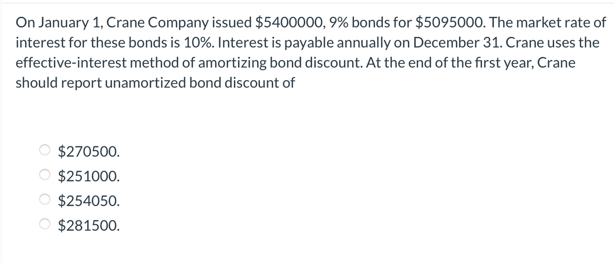On January 1, Crane Company issued $5400000, 9% bonds for $5095000. The market rate of
interest for these bonds is 10%. Interest is payable annually on December 31. Crane uses the
effective-interest method of amortizing bond discount. At the end of the first year, Crane
should report unamortized bond discount of
$270500.
$251000.
$254050.
$281500.