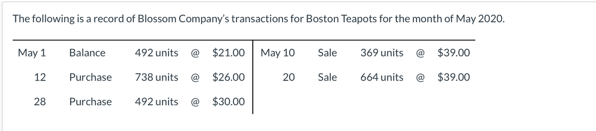The following is a record of Blossom Company's transactions for Boston Teapots for the month of May 2020.
May 1
12
28
Balance
Purchase
Purchase
492 units @ $21.00
$26.00
492 units @ $30.00
738 units @
May 10
20
Sale
Sale
369 units @
664 units
@
$39.00
$39.00