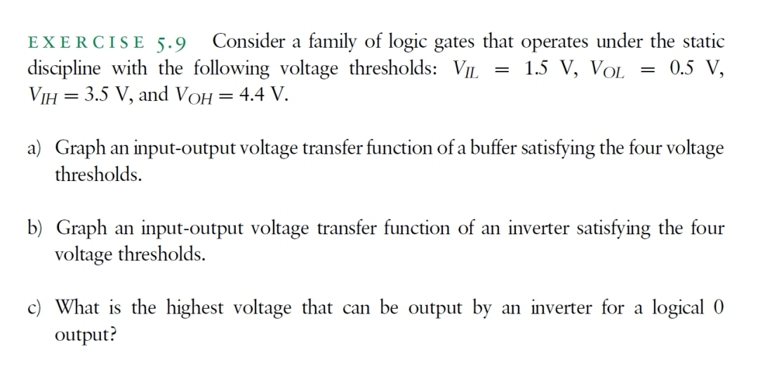 Consider a family of logic gates that operates under the static
0.5 V,
EXERCISE 5.9
discipline with the following voltage thresholds: VL
VIH = 3.5 V, and VOH = 4.4 V.
1.5 V, VOL
a) Graph an input-output voltage transfer function of a buffer satisfying the four voltage
thresholds.
b) Graph an input-output voltage transfer function of an inverter satisfying the four
voltage thresholds.
c) What is the highest voltage that can be output by an inverter for a logical 0
output?
