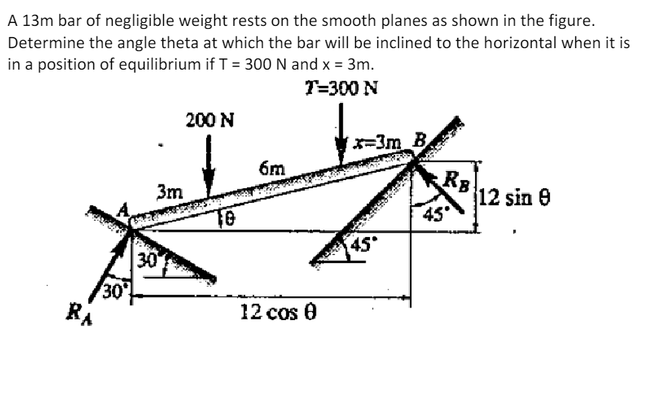 A 13m bar of negligible weight rests on the smooth planes as shown in the figure.
Determine the angle theta at which the bar will be inclined to the horizontal when it is
in a position of equilibrium if T = 300 N and x = 3m.
T=300 N
RA
30°
3m
30
200 N
10
6m
12 cos 0
x=3m_B
45*
RB
45°
12 sin 9