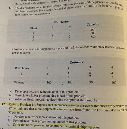 b. Determine the optimal assignment of
11. The distribution system for the Herman Company consists of three plants, two warehouses,
and four customers. Plant capacities and shipping costs per unit (in $) from each plant to
each warehouse are as follows:
Plant
1
Warehouse
1
2
Demand
2
3
1
4
8
5
Warehouse
1
6
3
300
2
5
6
Customer demand and shipping costs per unit (in $) from each warehouse to each customer
are as follows:
2
Customer
Capacity
450
600
380
4
6
300
387
300
a. Develop a network representation of this problem.
b. Formulate a linear programming model of the problem.
c. Solve the linear program to determine the optimal shipping plan.
446
7
400
12. Refer to Problem 11. Suppose that shipments between the two warehouses are permitted at
per unit and that direct shipments can be made from Plant 3 to Customer 4 at a cost of
$7 per unit.
$2
a. Develop a network representation of this problem.
b. Formulate a linear programming model of this problem.
C. Solve the linear program to determine the optimal shipping plan.