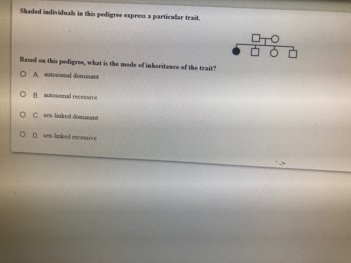Shaded individuals in this pedigree express a particular trait.
Based on this pedigree, what is the mode of inheritance of the trait?
O A. autosomal dominant
O B. autosomal recessive
OC sex-linked dominant
D. sex-linked recessive
