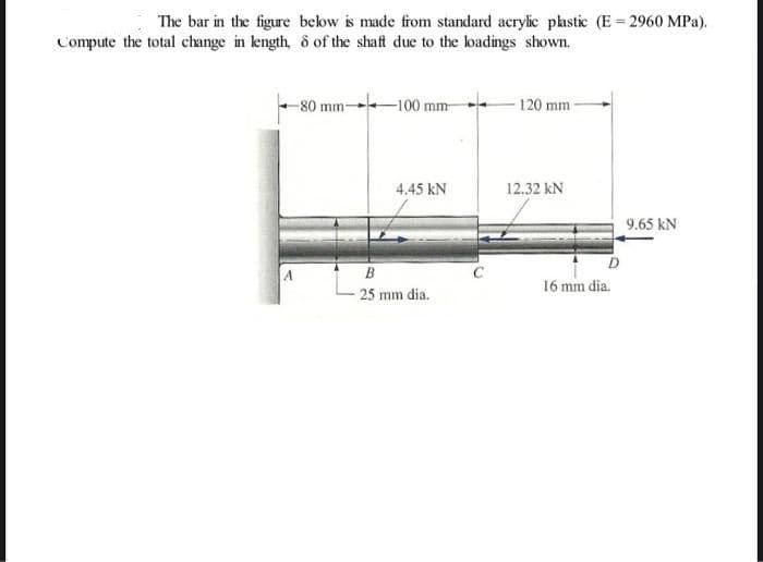 The bar in the figure below is made from standard acrylic plastic (E = 2960 MPa).
Compute the total change in length, ô of the shaft due to the loadings shown.
-80 mm-
-100 mm
120 mm-
4.45 kN
12.32 kN
9.65 kN
A
B
16 mm dia.
25 mm dia.
