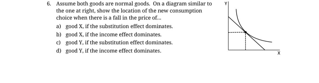 6. Assume both goods are normal goods. On a diagram similar to
the one at right, show the location of the new consumption
choice when there is a fall in the price of...
a) good X, if the substitution effect dominates.
good X, if the income effect dominates.
b)
c) good Y, if the substitution effect dominates.
d) good Y, if the income effect dominates.
X