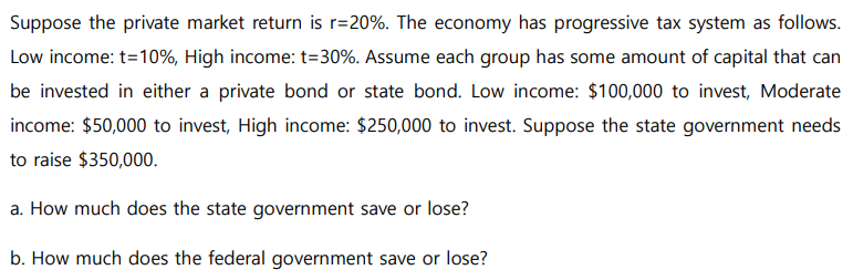 Suppose the private market return is r=20%. The economy has progressive tax system as follows.
Low income: t=10%, High income: t=30%. Assume each group has some amount of capital that can
be invested in either a private bond or state bond. Low income: $100,000 to invest, Moderate
income: $50,000 to invest, High income: $250,000 to invest. Suppose the state government needs
to raise $350,000.
a. How much does the state government save or lose?
b. How much does the federal government save or lose?
