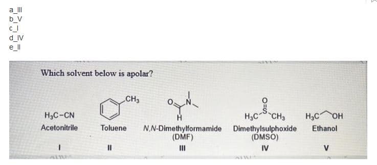 a_
d_IV
e_ll
Which solvent below is apolar?
CH3
H₂C-CN
Acetonitrile
Toluene
11
I
AURE
N.N-Dimethylformamide
(DMF)
III
HạC CH3
Dimethylsulphoxide
(DMSO)
IV
Anv
H₂C OH
Ethanol
V