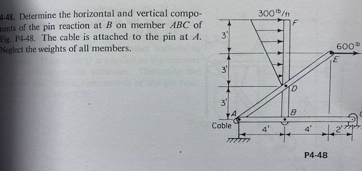 4-48. Determine the horizontal and vertical compo-
nents of the pin reaction at B on member ABC of
Fig. P4-48. The cable is attached to the pin at A.
Neglect the weights of all members.
300b/t
3'
600 b
3
3'
Cable
4'
P4-48
