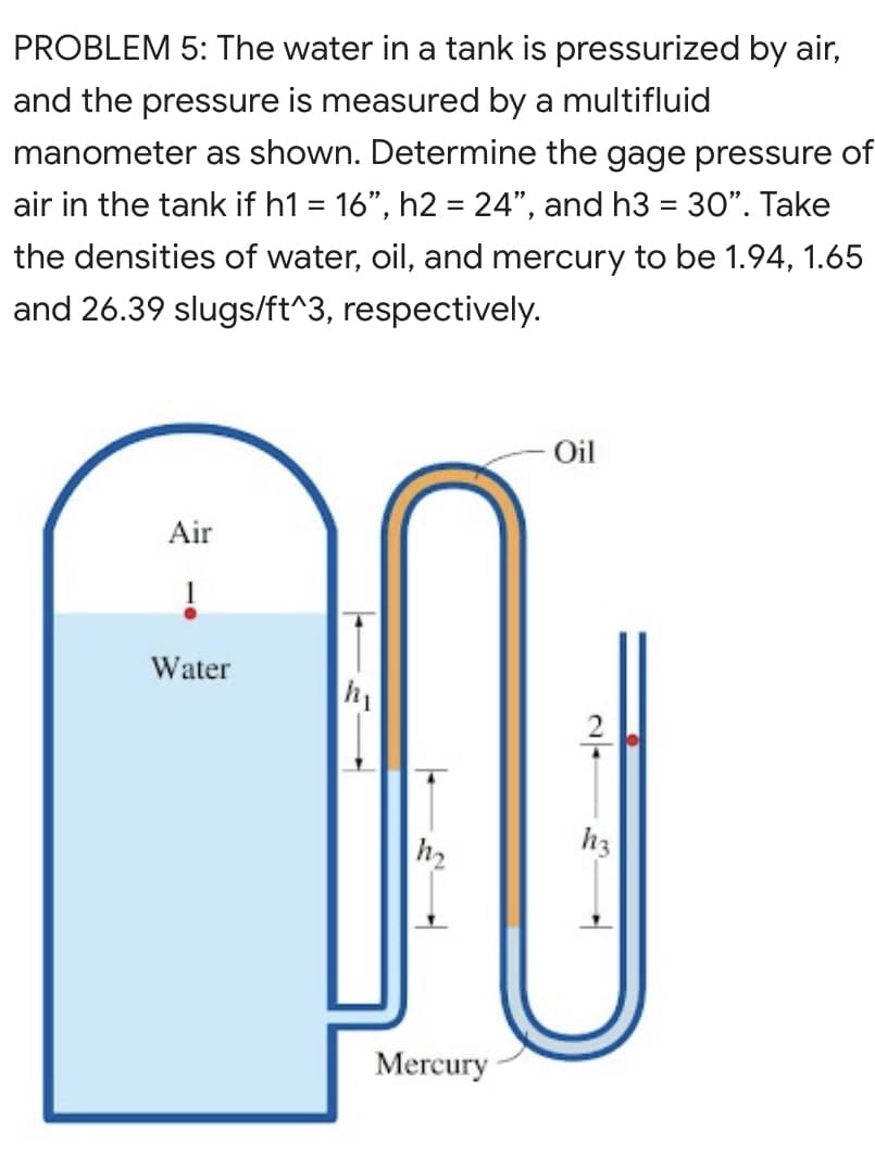 PROBLEM 5: The water in a tank is pressurized by air,
and the pressure is measured by a multifluid
manometer as shown. Determine the gage pressure of
air in the tank if h1 = 16", h2 = 24", and h3 = 30". Take
the densities of water, oil, and mercury to be 1.94, 1.65
and 26.39 slugs/ft^3, respectively.
Oil
Air
1
Water
h2
h3
Mercury
