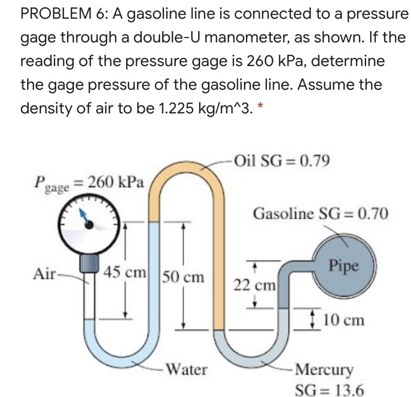 PROBLEM 6: A gasoline line is connected to a pressure
gage through a double-U manometer, as shown. If the
reading of the pressure gage is 260 kPa, determine
the gage pressure of the gasoline line. Assume the
density of air to be 1.225 kg/m^3. *
-Oil SG = 0.79
P
260 kPa
gage
Gasoline SG = 0.70
45 cm 50 cm
Pipe
Air-
22 cm
10 cm
-Water
-Mercury
SG = 13.6
